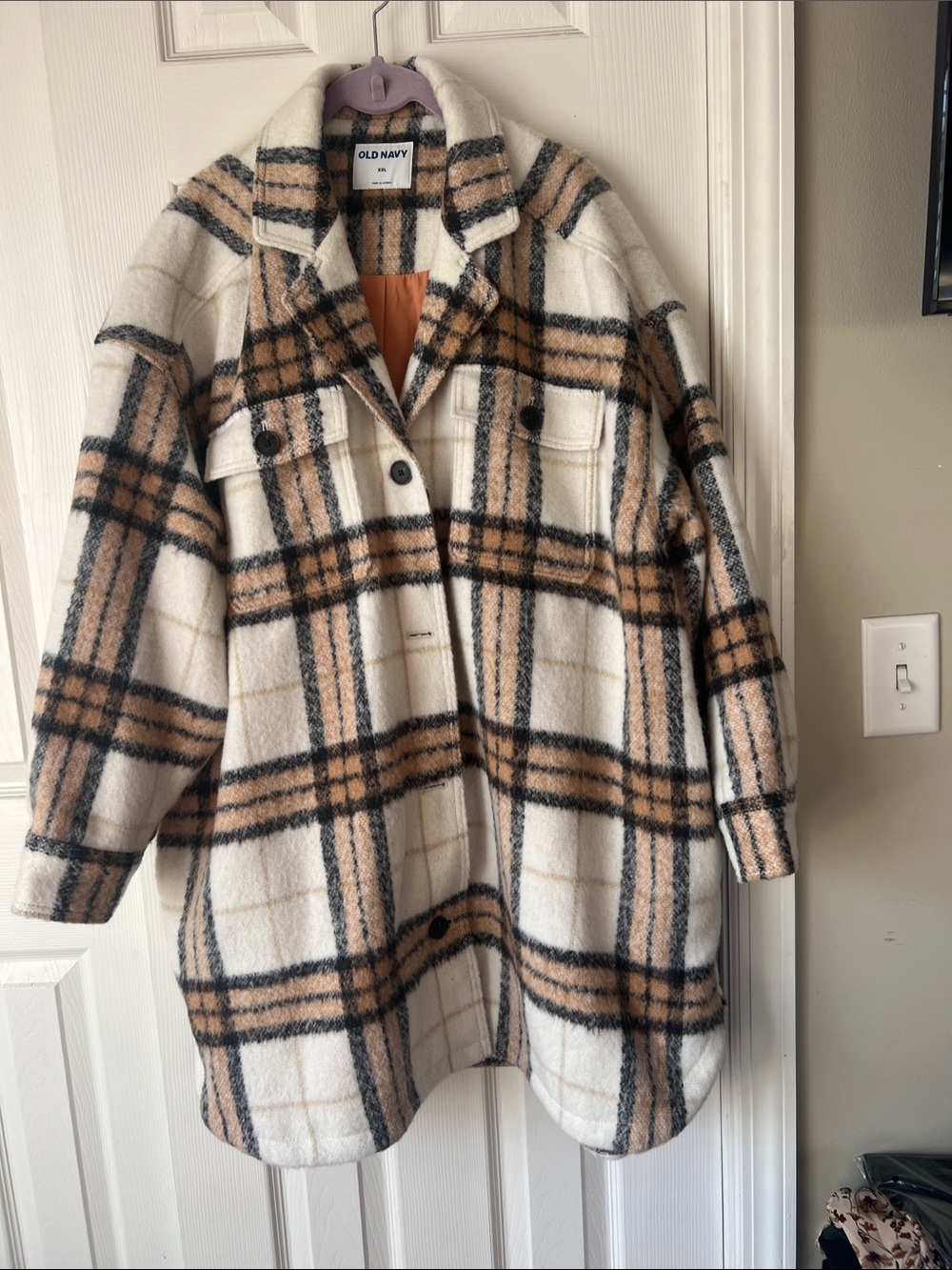 Old Navy Cream, Tan & Black Plaid Pea Coat